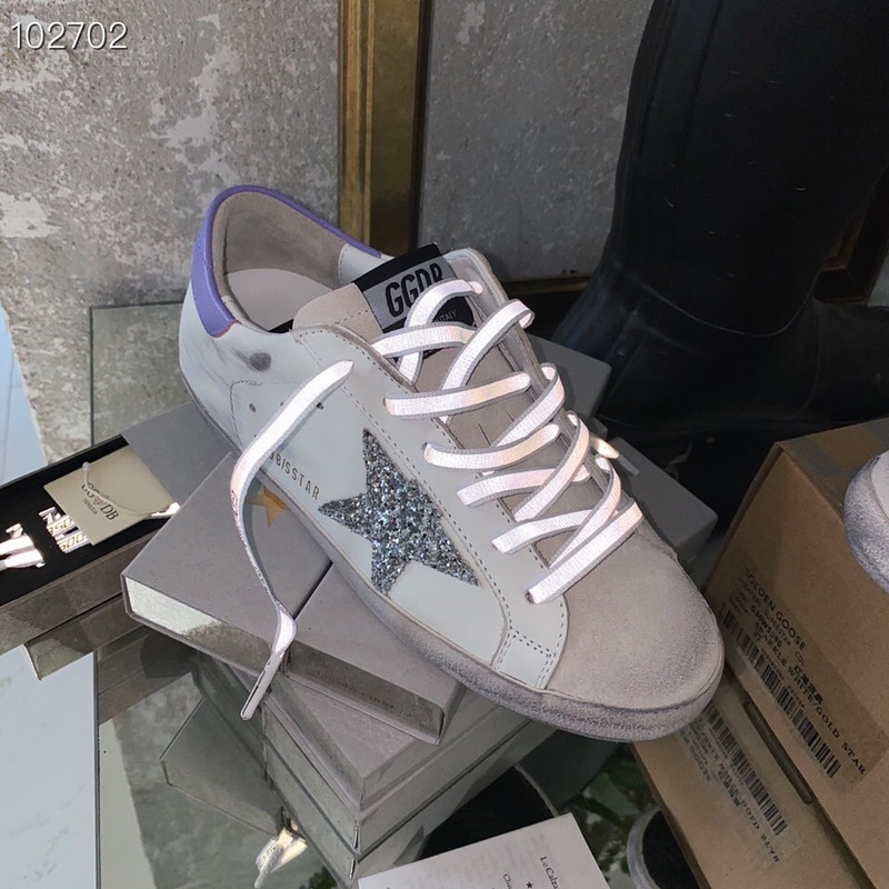 Golden Goose Super-Star Sneakers with Sliver Glitter and Purple Heel Tab