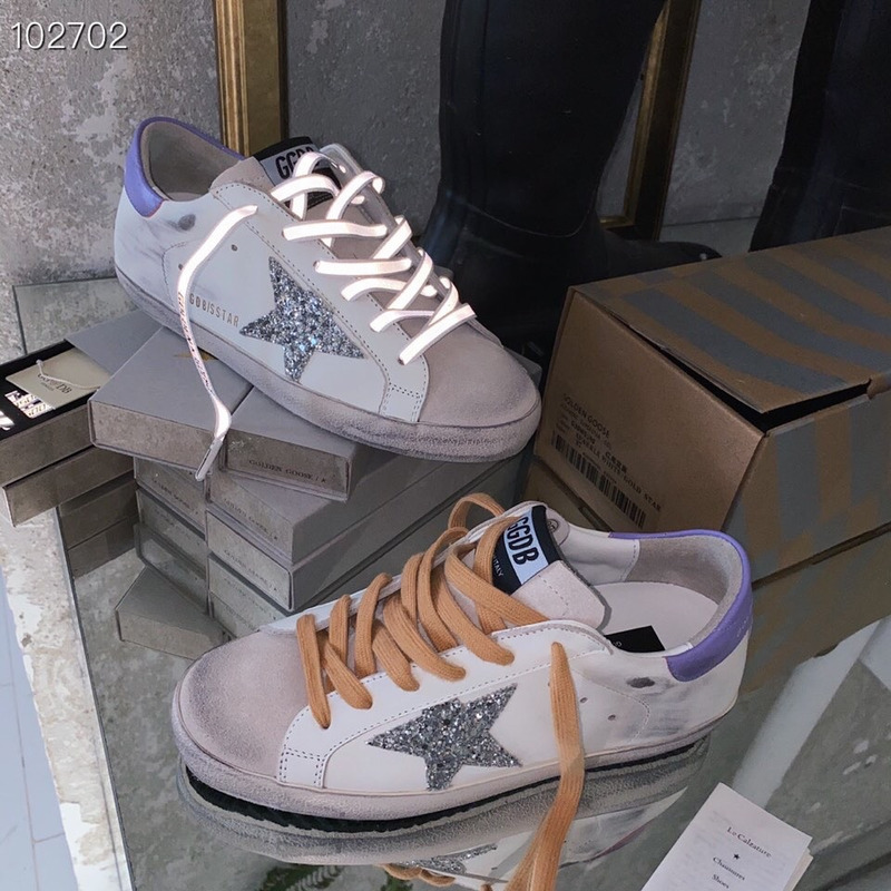 Golden Goose Super-Star Sneakers with Sliver Glitter and Purple Heel Tab