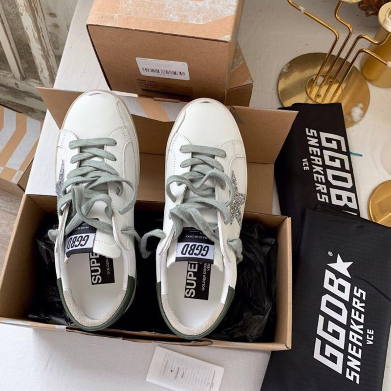 Golden Goose Super-Star Sneakers with Sliver Glitter and Black Heel Tab