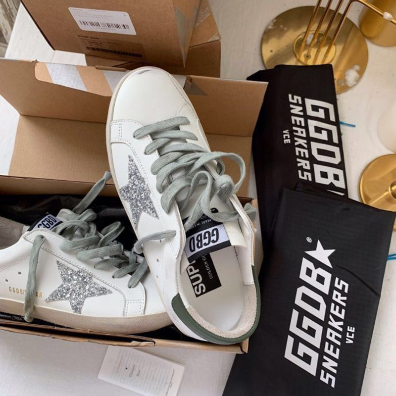 Golden Goose Super-Star Sneakers with Sliver Glitter and Black Heel Tab