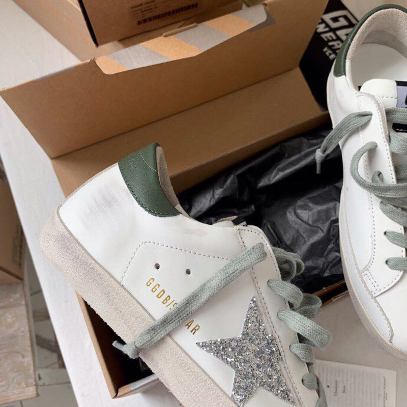 Golden Goose Super-Star Sneakers with Sliver Glitter and Black Heel Tab