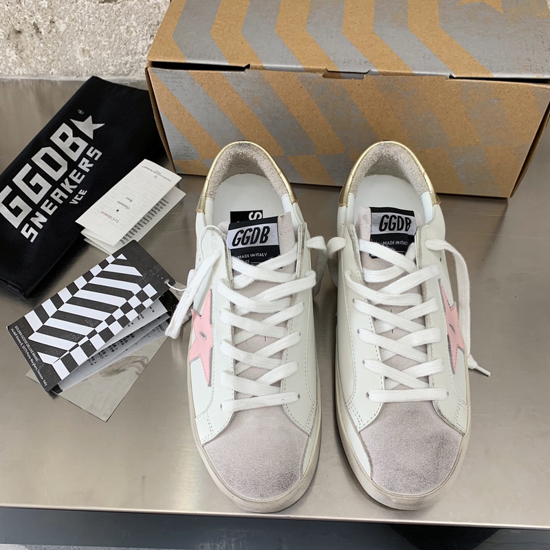 Golden Goose Men’s Super-Star Sneakers with Pink Star and Golden Heel Tab