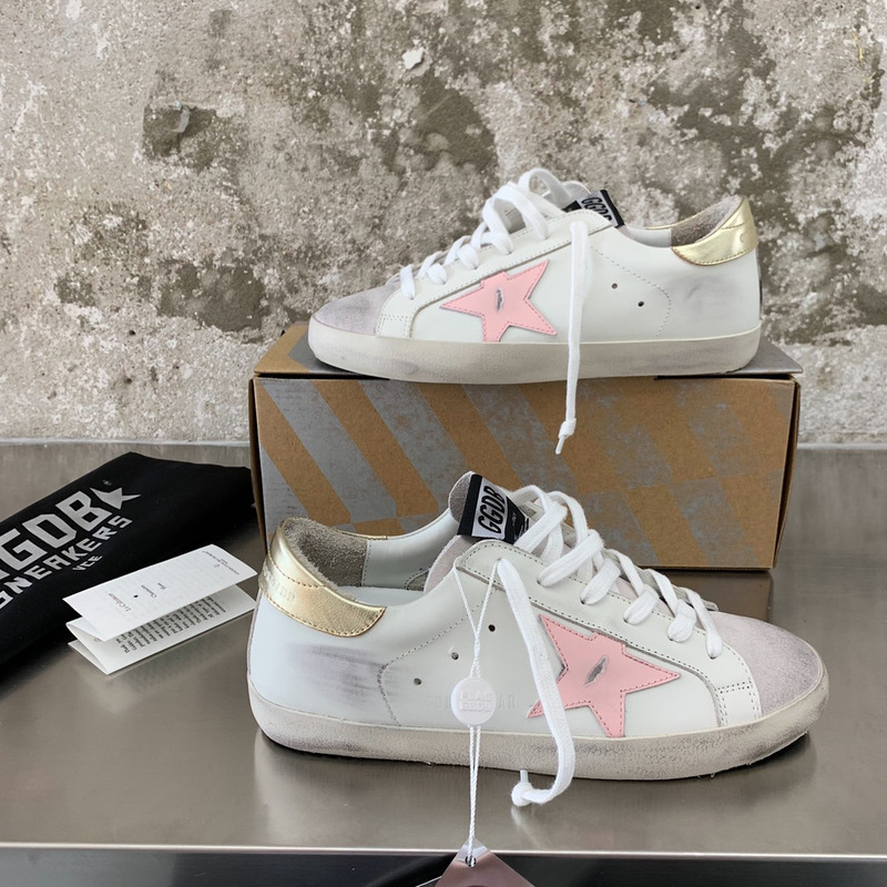 Golden Goose Men’s Super-Star Sneakers with Pink Star and Golden Heel Tab