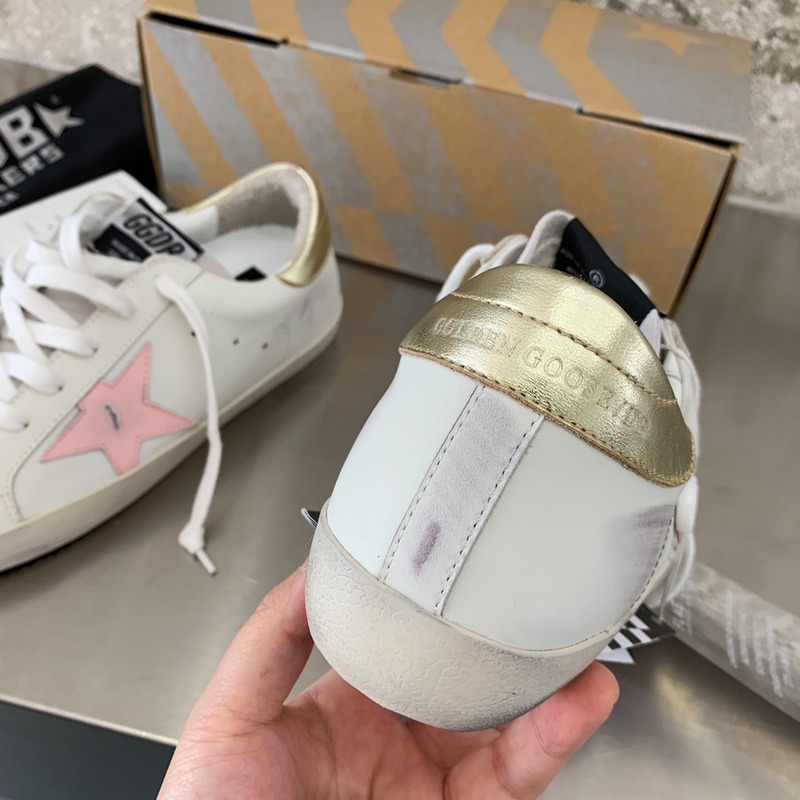 Golden Goose Men’s Super-Star Sneakers with Pink Star and Golden Heel Tab