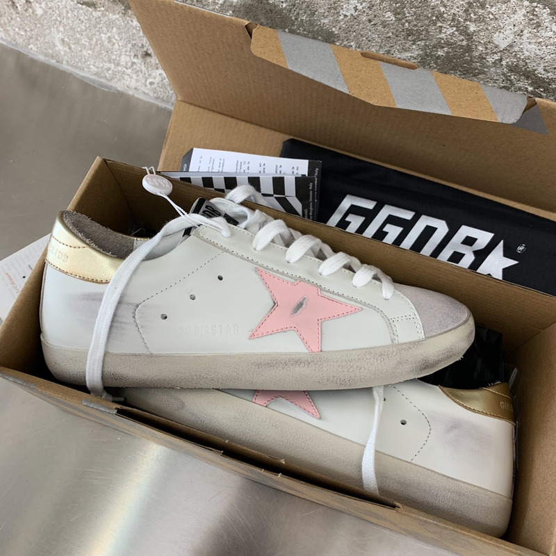 Golden Goose Men’s Super-Star Sneakers with Pink Star and Golden Heel Tab