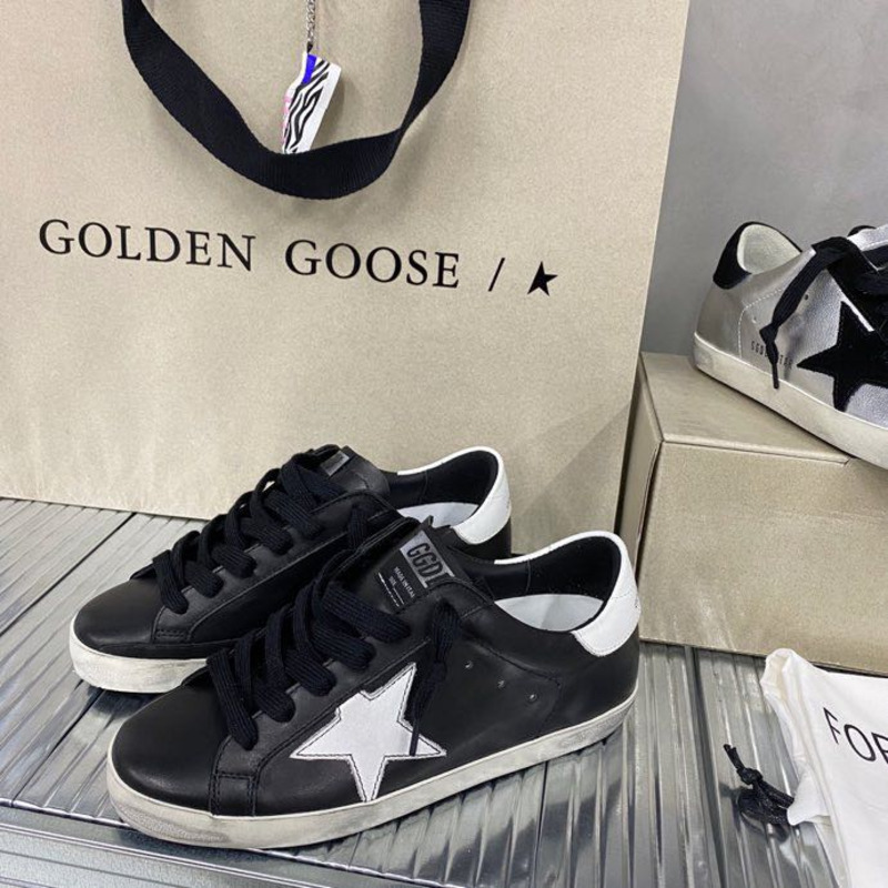 Golden Goose Black Super-Star Sneakers In Leather With White Star