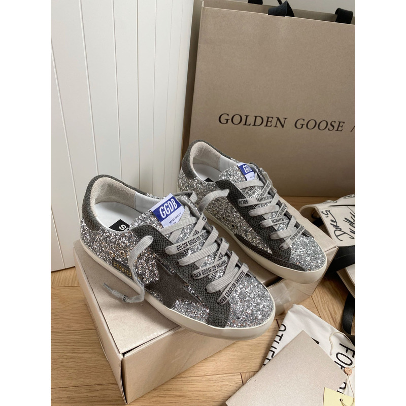 Golden Goose Super-Star Sneakers with Sliver Glitter and Grey Heel Tab