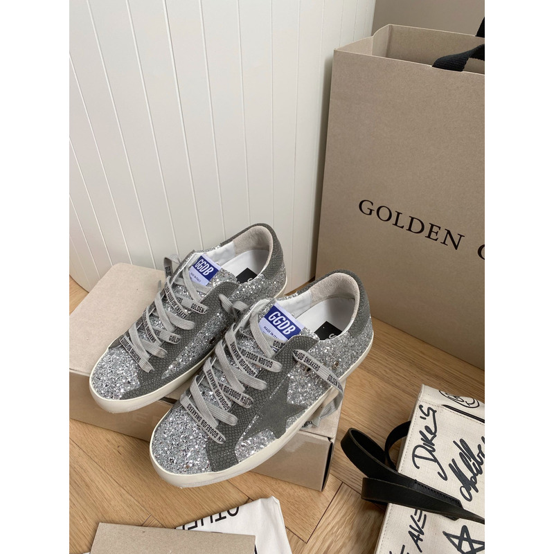 Golden Goose Super-Star Sneakers with Sliver Glitter and Grey Heel Tab