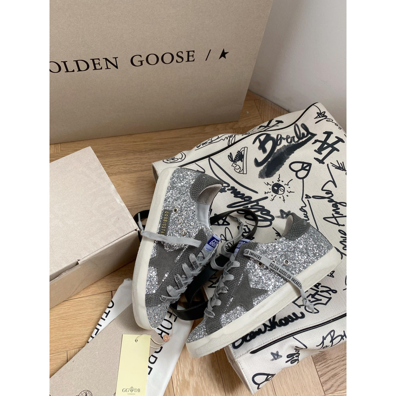 Golden Goose Super-Star Sneakers with Sliver Glitter and Grey Heel Tab