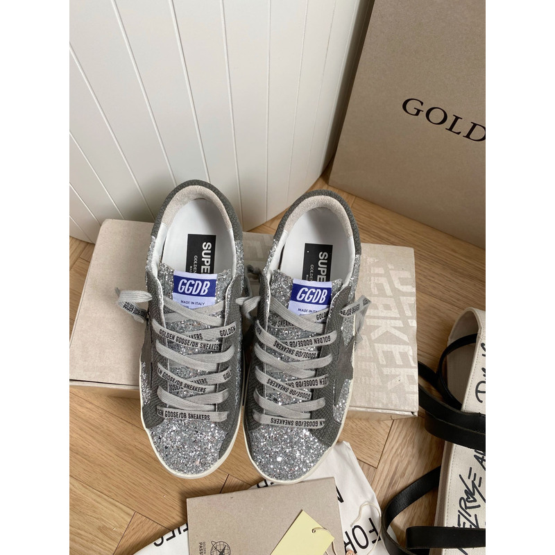 Golden Goose Super-Star Sneakers with Sliver Glitter and Grey Heel Tab