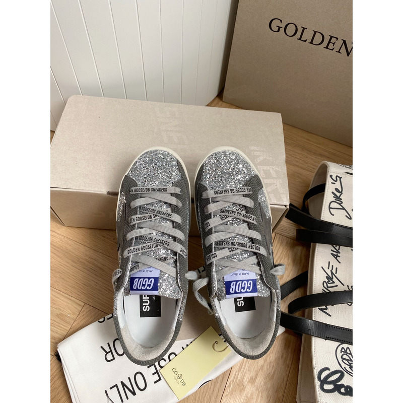 Golden Goose Super-Star Sneakers with Sliver Glitter and Grey Heel Tab