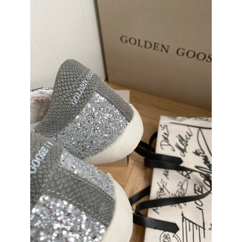 Golden Goose Super-Star Sneakers with Sliver Glitter and Grey Heel Tab