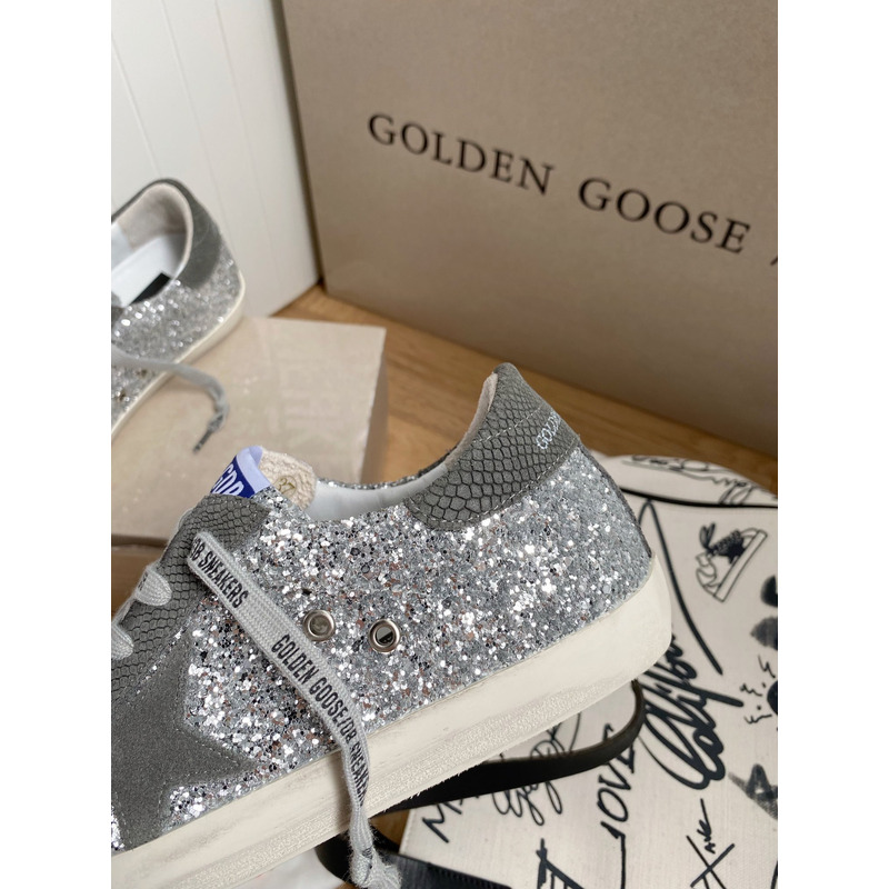 Golden Goose Super-Star Sneakers with Sliver Glitter and Grey Heel Tab