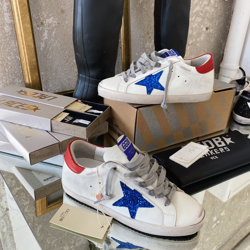 Golden Goose Super-Star Sneakers with Blue Glitter and Red Heel Tab