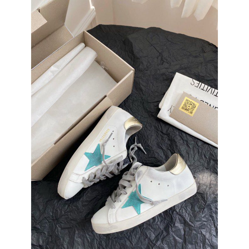 Golden Goose Super-Star Sneakers with Green and Yellow Suede Star and Golden Heel Tab