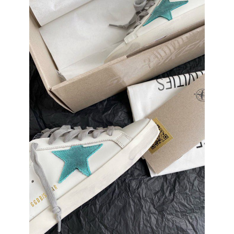 Golden Goose Super-Star Sneakers with Green and Yellow Suede Star and Golden Heel Tab