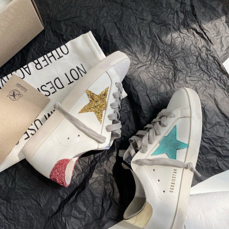 Golden Goose Super-Star Sneakers with Green and Yellow Suede Star and Golden Heel Tab