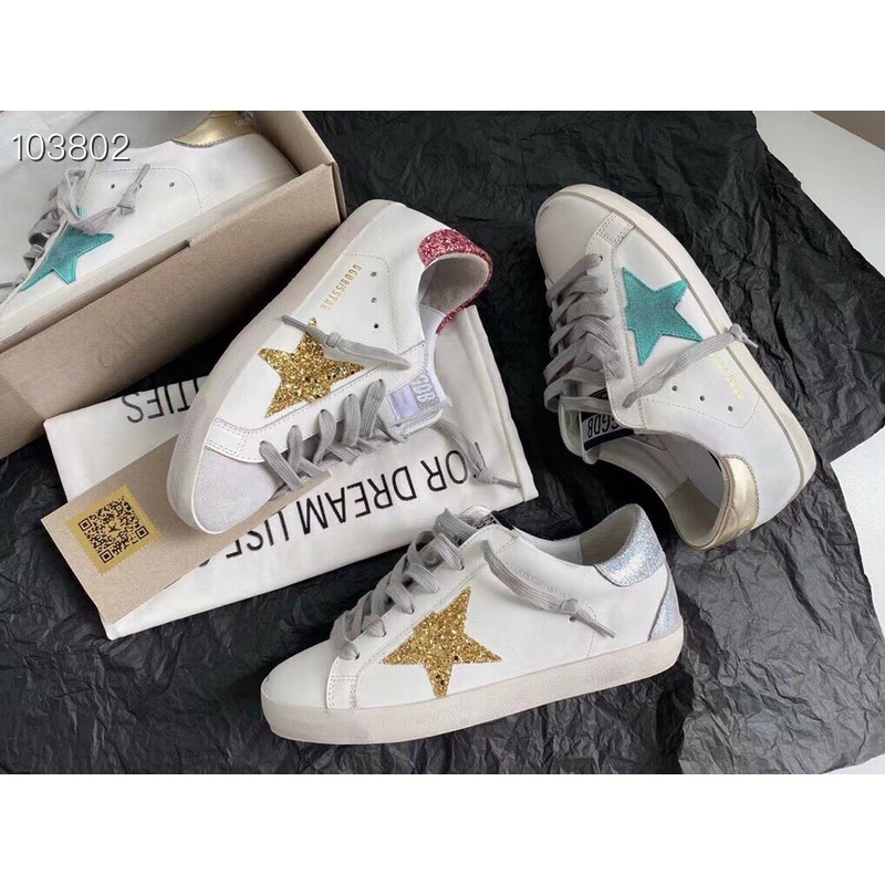 Golden Goose Super-Star Sneakers with Green and Yellow Suede Star and Golden Heel Tab