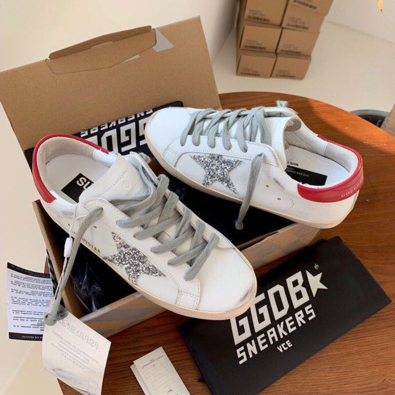 Golden Goose Super-Star Sneakers with Sliver Star and Red Heel Tab