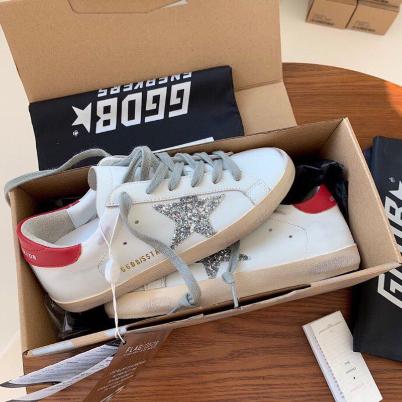 Golden Goose Super-Star Sneakers with Sliver Star and Red Heel Tab