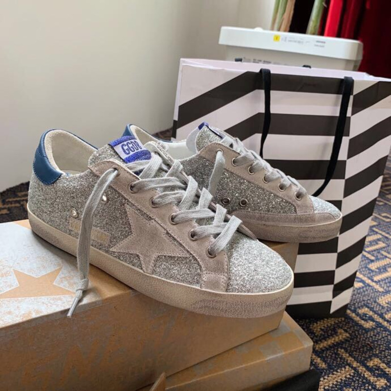 Golden Goose Super-Star Sneakers with Sliver Glitter and Blue Heel Tab