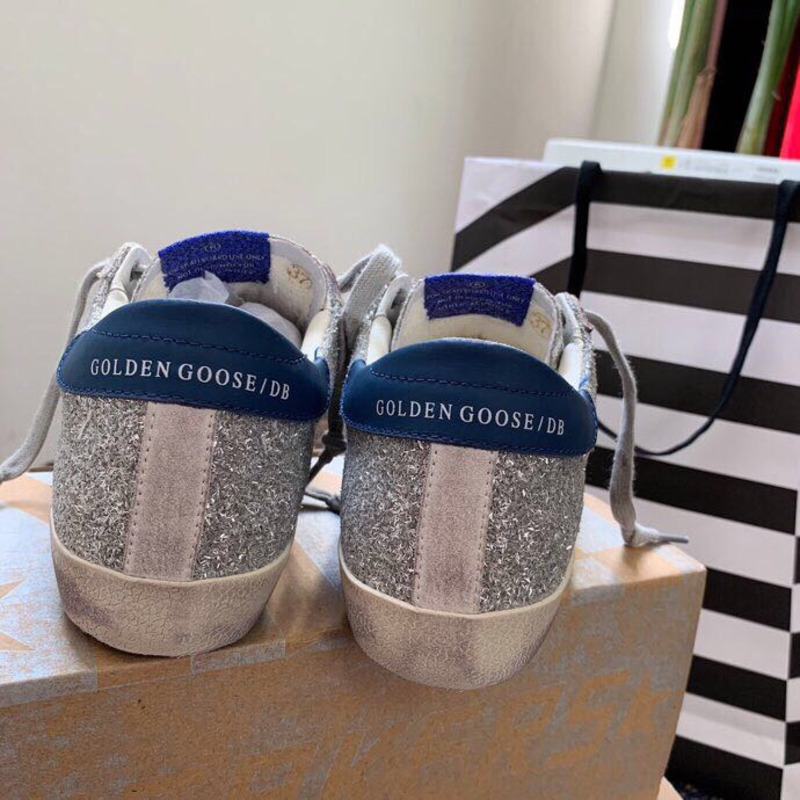 Golden Goose Super-Star Sneakers with Sliver Glitter and Blue Heel Tab