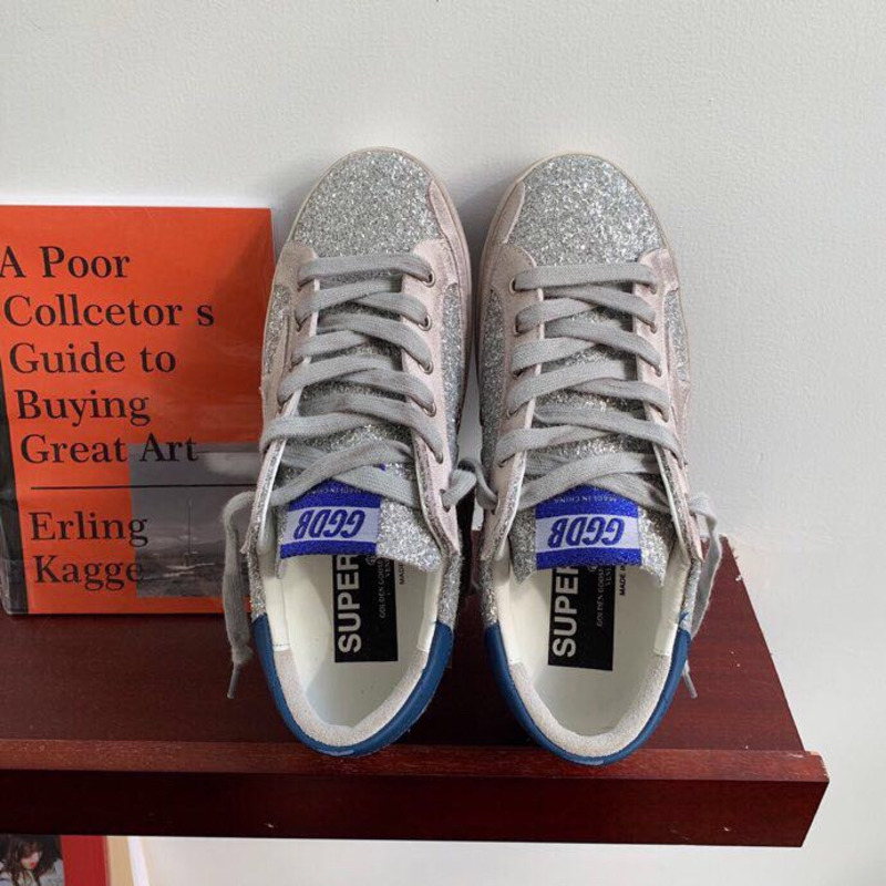 Golden Goose Super-Star Sneakers with Sliver Glitter and Blue Heel Tab