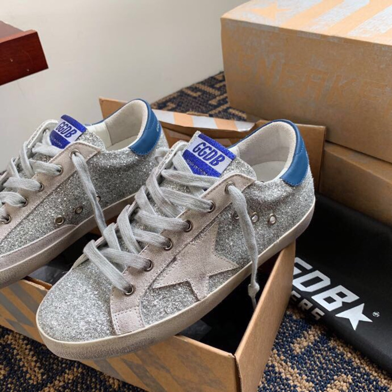 Golden Goose Super-Star Sneakers with Sliver Glitter and Blue Heel Tab