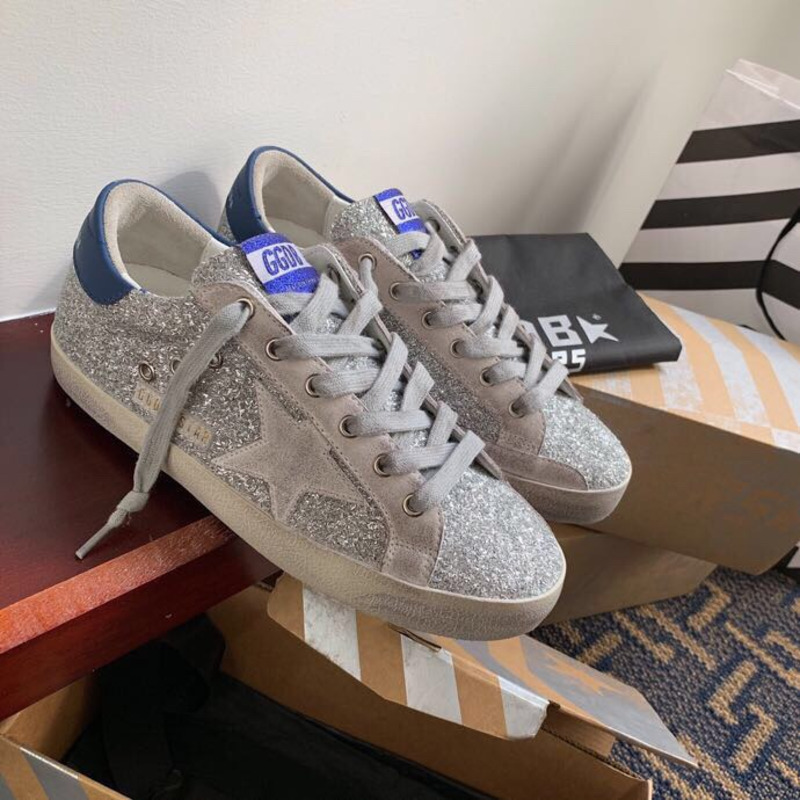 Golden Goose Super-Star Sneakers with Sliver Glitter and Blue Heel Tab