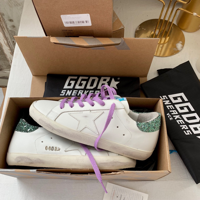 Golden Goose Super-Star Sneakers with Star and Green Glitter Heel Tab