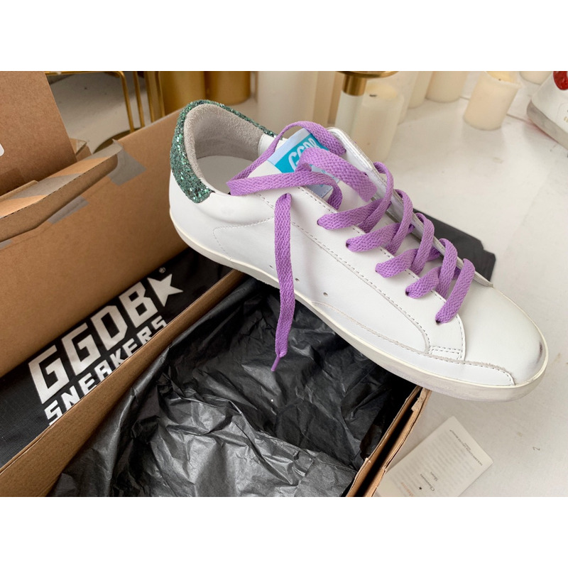 Golden Goose Super-Star Sneakers with Star and Green Glitter Heel Tab