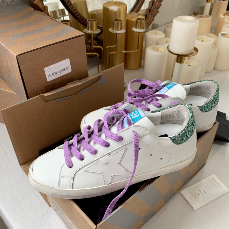 Golden Goose Super-Star Sneakers with Star and Green Glitter Heel Tab