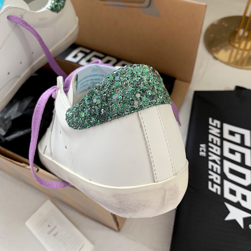 Golden Goose Super-Star Sneakers with Star and Green Glitter Heel Tab