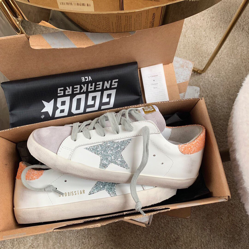 Golden Goose Super-Star Sneakers with Sliver Glitter and Orange Heel Tab