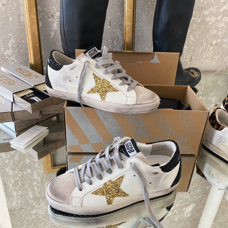 Golden Goose Super-Star Sneakers with Golden Glitter and Black Heel Tab