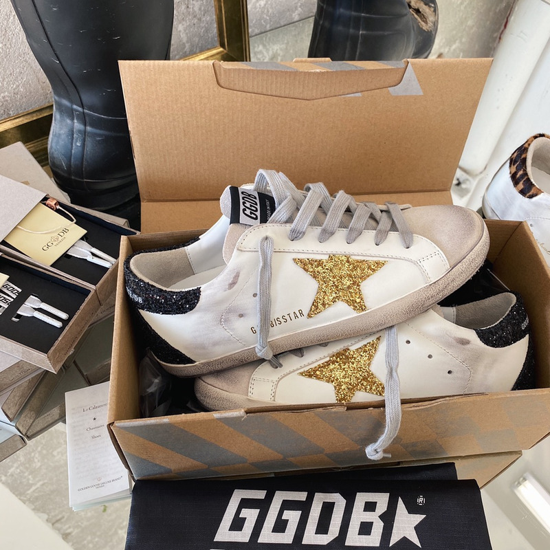 Golden Goose Super-Star Sneakers with Golden Glitter and Black Heel Tab