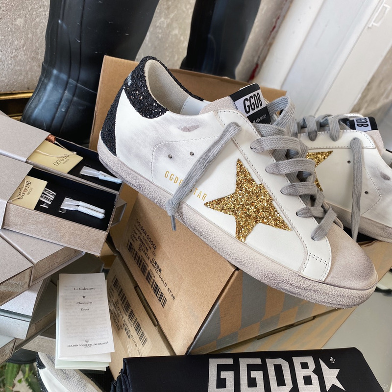 Golden Goose Super-Star Sneakers with Golden Glitter and Black Heel Tab