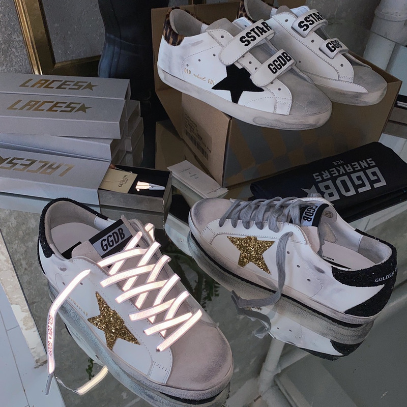 Golden Goose Super-Star Sneakers with Golden Glitter and Black Heel Tab