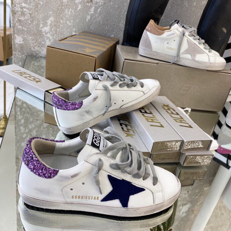 White Super-Star Sneakers With Blue Star And Glittery Heel Tab