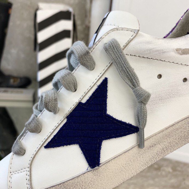 White Super-Star Sneakers With Blue Star And Glittery Heel Tab