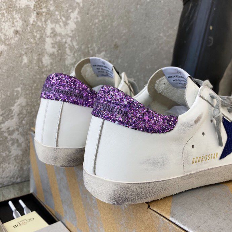 White Super-Star Sneakers With Blue Star And Glittery Heel Tab