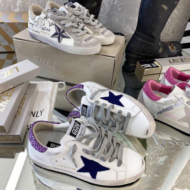 White Super-Star Sneakers With Blue Star And Glittery Heel Tab