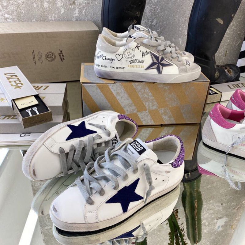 White Super-Star Sneakers With Blue Star And Glittery Heel Tab