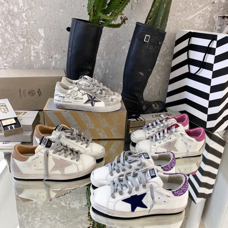 White Super-Star Sneakers With Blue Star And Glittery Heel Tab