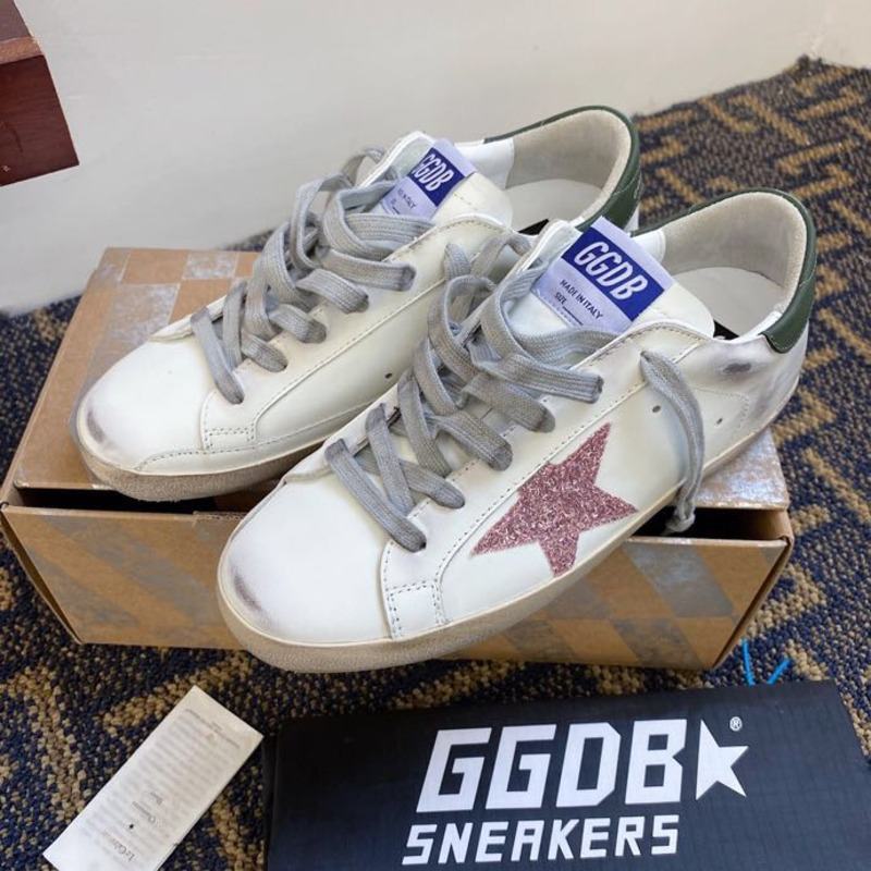 Golden Goose Men’s Super-Star Sneakers with Pink Glitter Star and Green Heel Tab