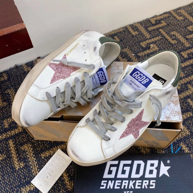 Golden Goose Men’s Super-Star Sneakers with Pink Glitter Star and Green Heel Tab