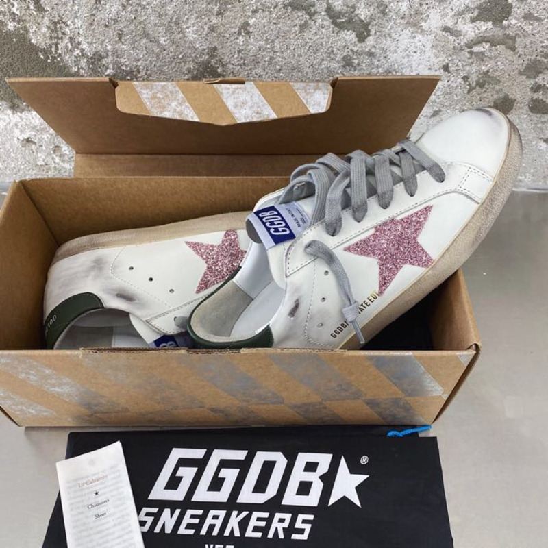 Golden Goose Men’s Super-Star Sneakers with Pink Glitter Star and Green Heel Tab