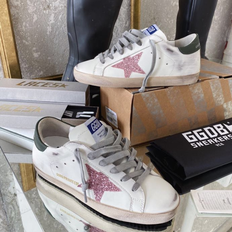 Golden Goose Men’s Super-Star Sneakers with Pink Glitter Star and Green Heel Tab