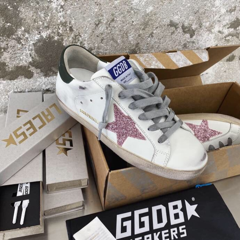 Golden Goose Men’s Super-Star Sneakers with Pink Glitter Star and Green Heel Tab