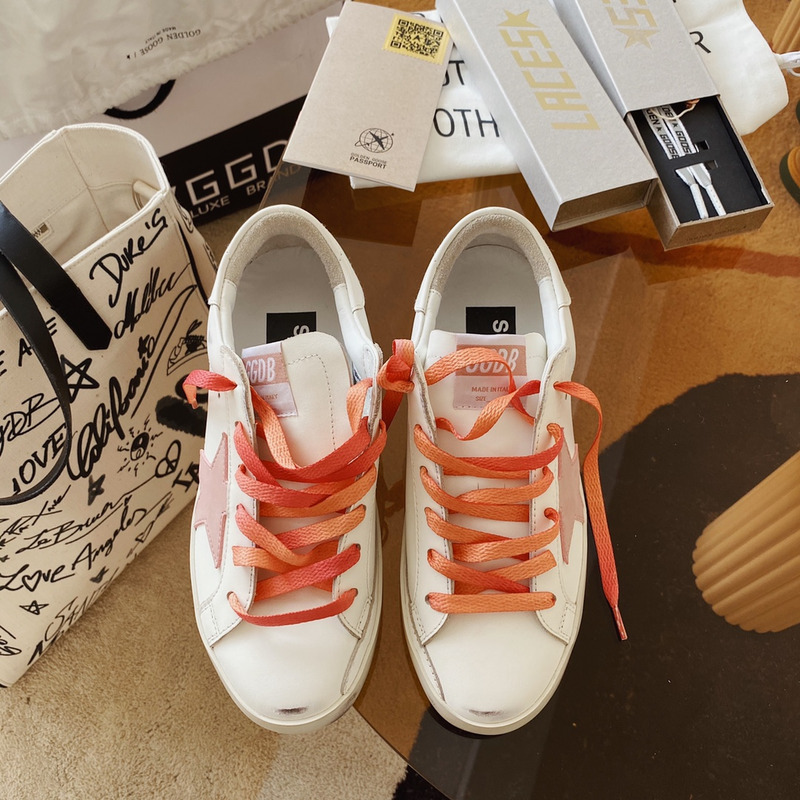 Golden Goose White Super-Star Sneakers With Pink Star and Heel Tab